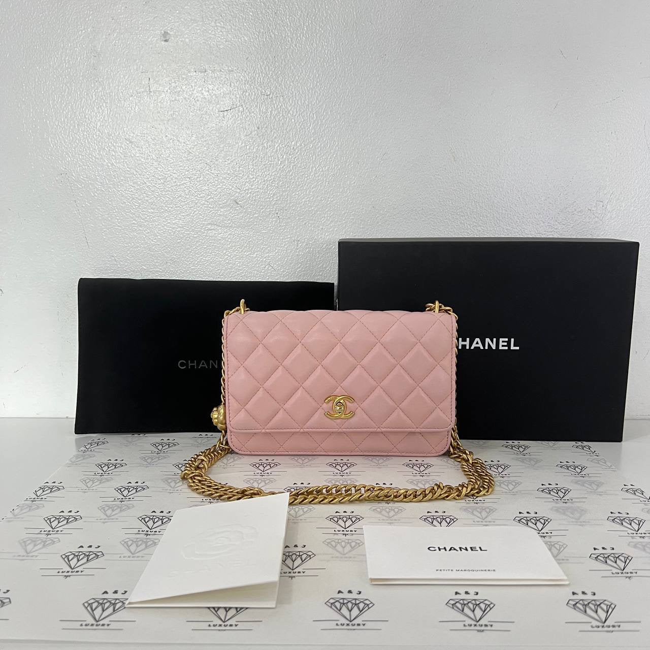 [PRE LOVED] Chanel Wallet on Chain Camellia Adjustable Strap in Pink Lambskin Leather GHW (microchipped