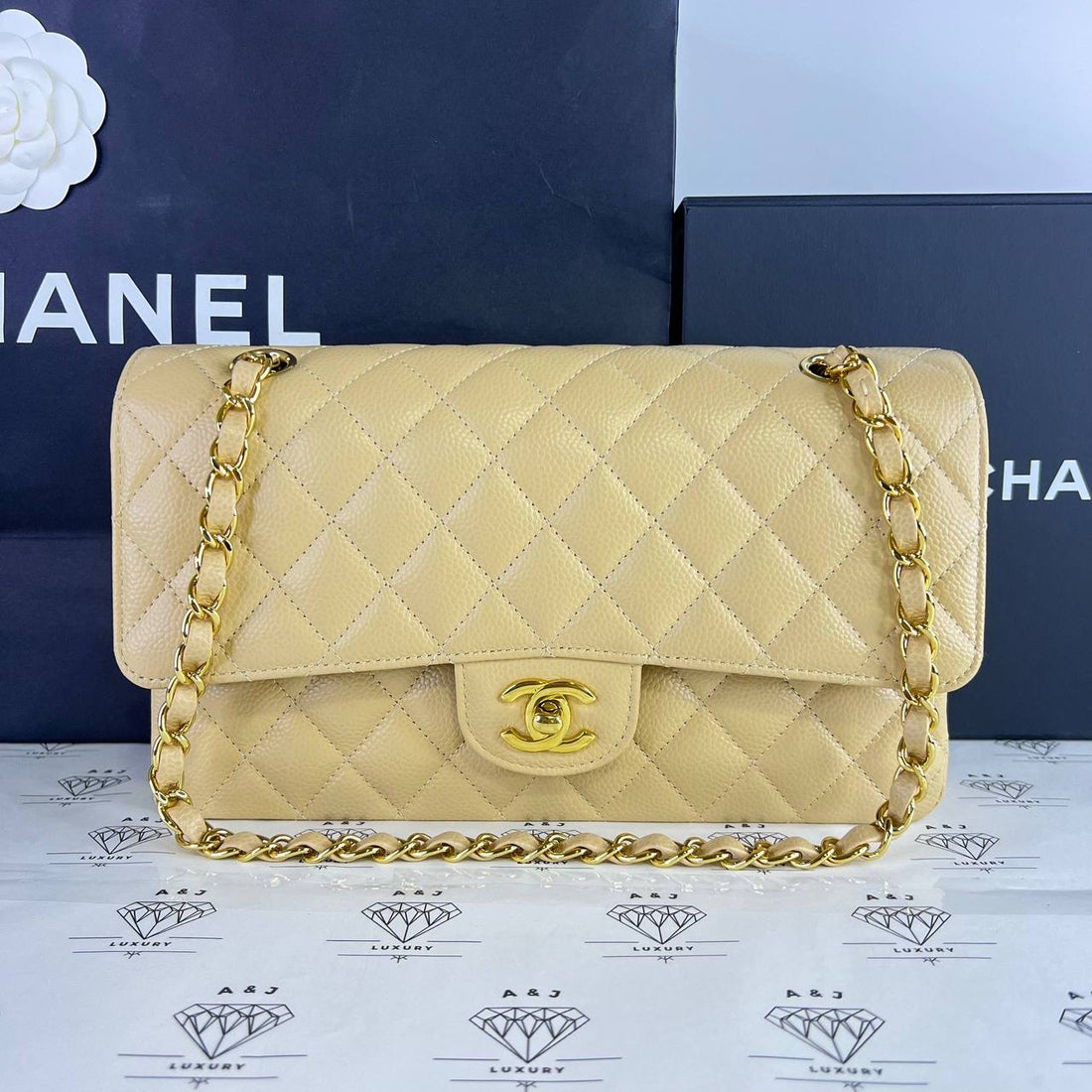 [PRE LOVED] Chanel Classic Medium Double Flap in Beige Clair Caviar Leather GHW (microchipped)