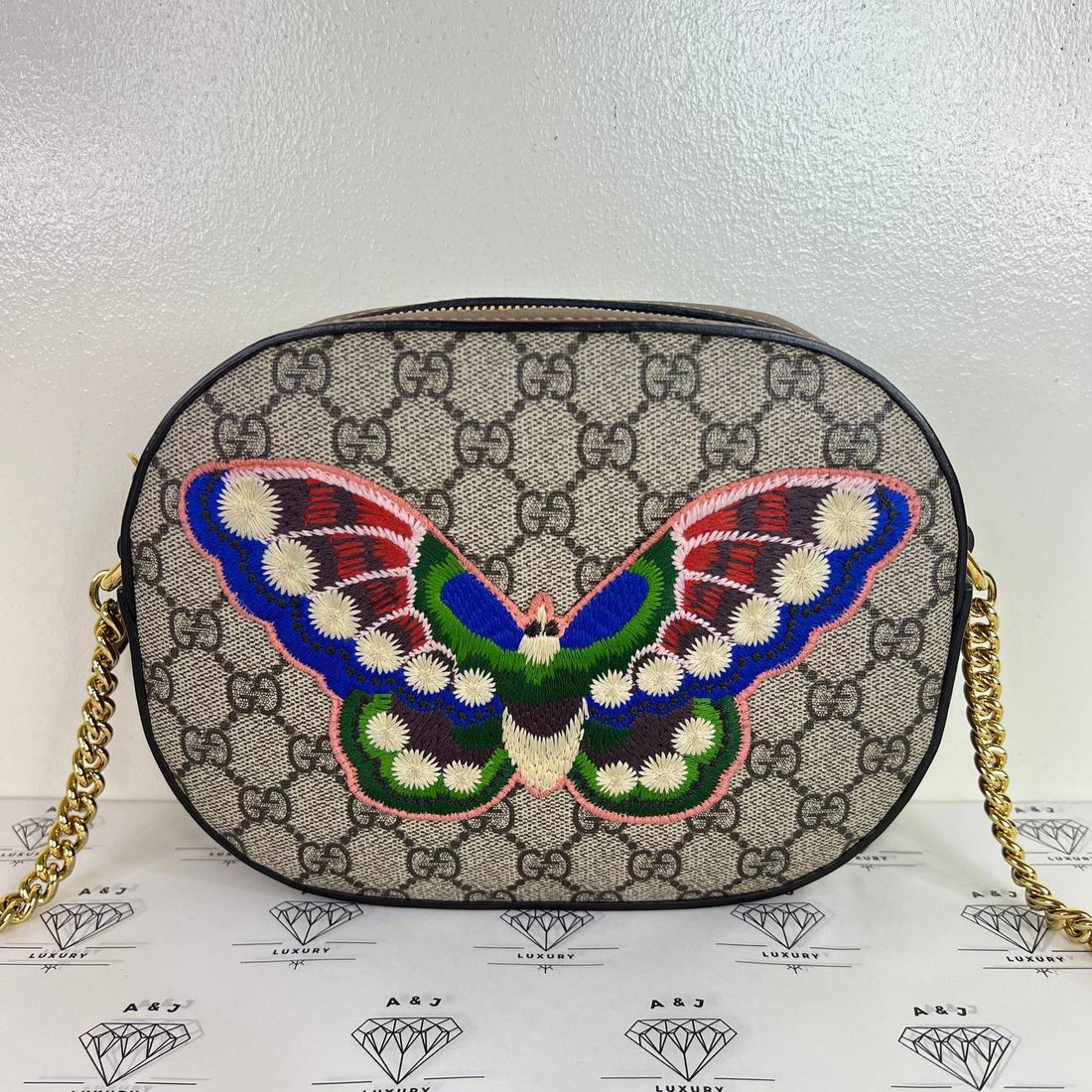 [PRE LOVED] Gucci Mini Chain Crossbody with Butterfly Embroidery in Brown GHW