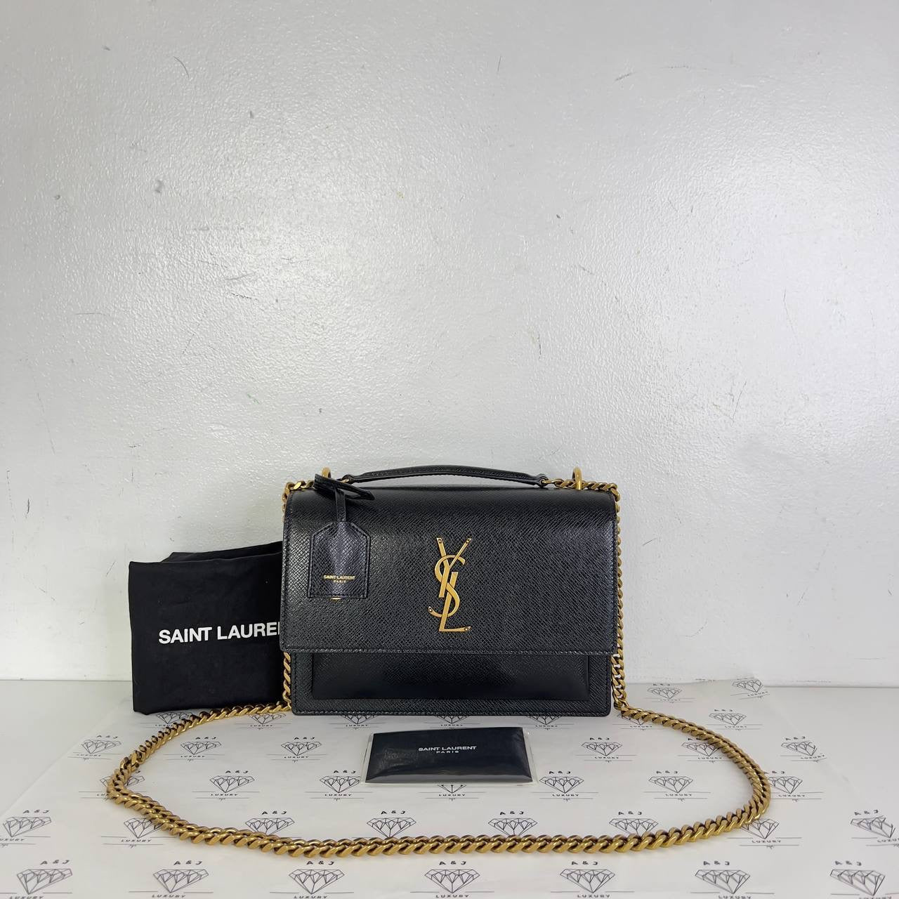 [PRE LOVED] YSL Medium Sunset in Black Grained Leather GHW