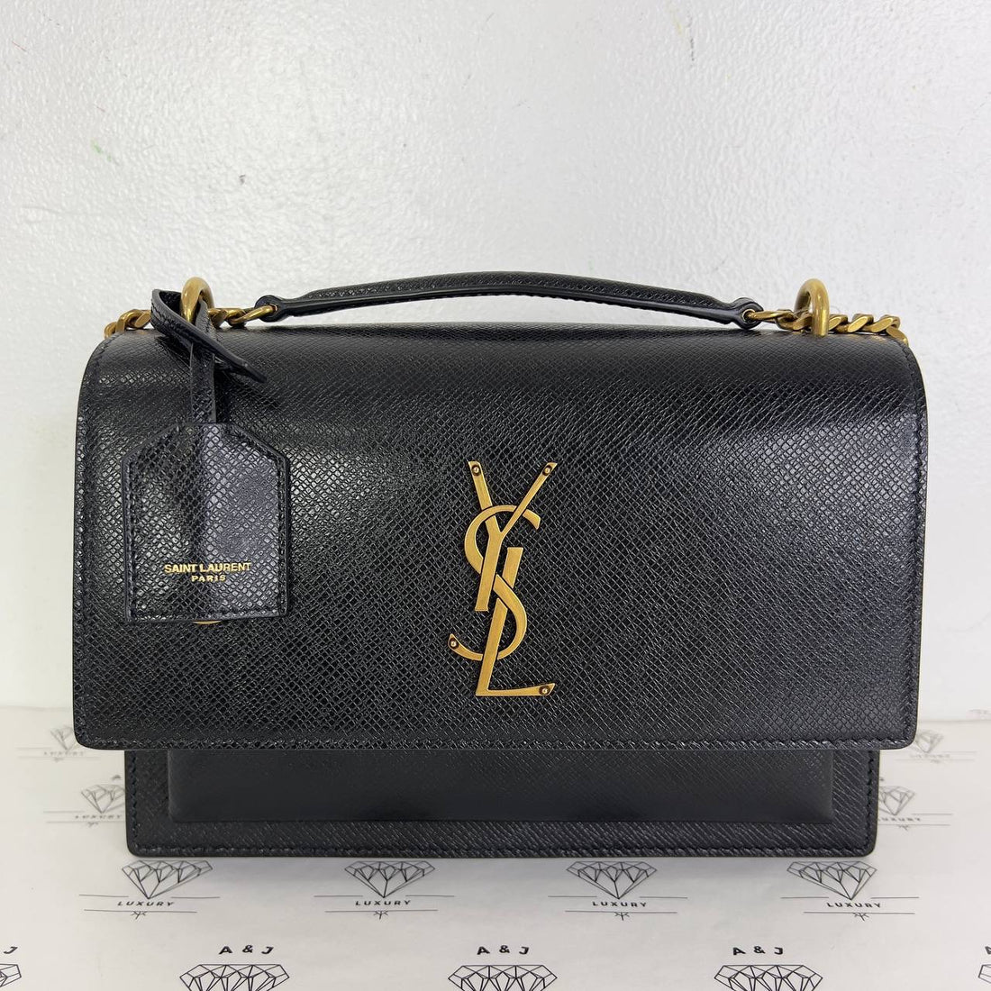 [PRE LOVED] YSL Medium Sunset in Black Grained Leather GHW