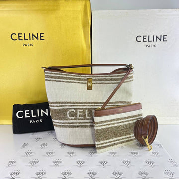 [PRE LOVED] Celine 16 Bucket Bag in White/Brown Textile and Smooth Tan Calfskin GHW