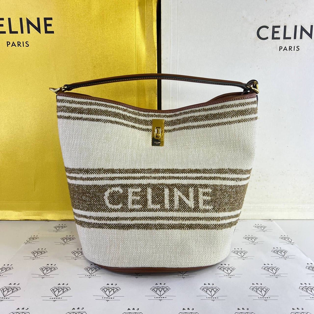 [PRE LOVED] Celine 16 Bucket Bag in White/Brown Textile and Smooth Tan Calfskin GHW