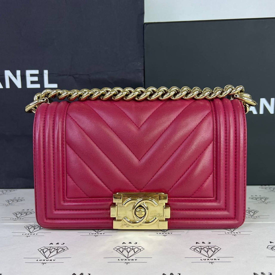 [PRE LOVED] Chanel Small Leboy Chevron in Dark Pink Lambskin Leather Light Gold HW (Series 24)