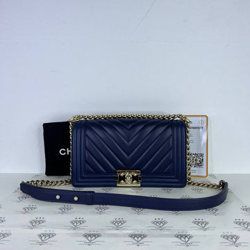[PRE LOVED] Chanel Old Medium Leboy Chevron in Blue Lambskin Leather Light Gold HW (Series 29)