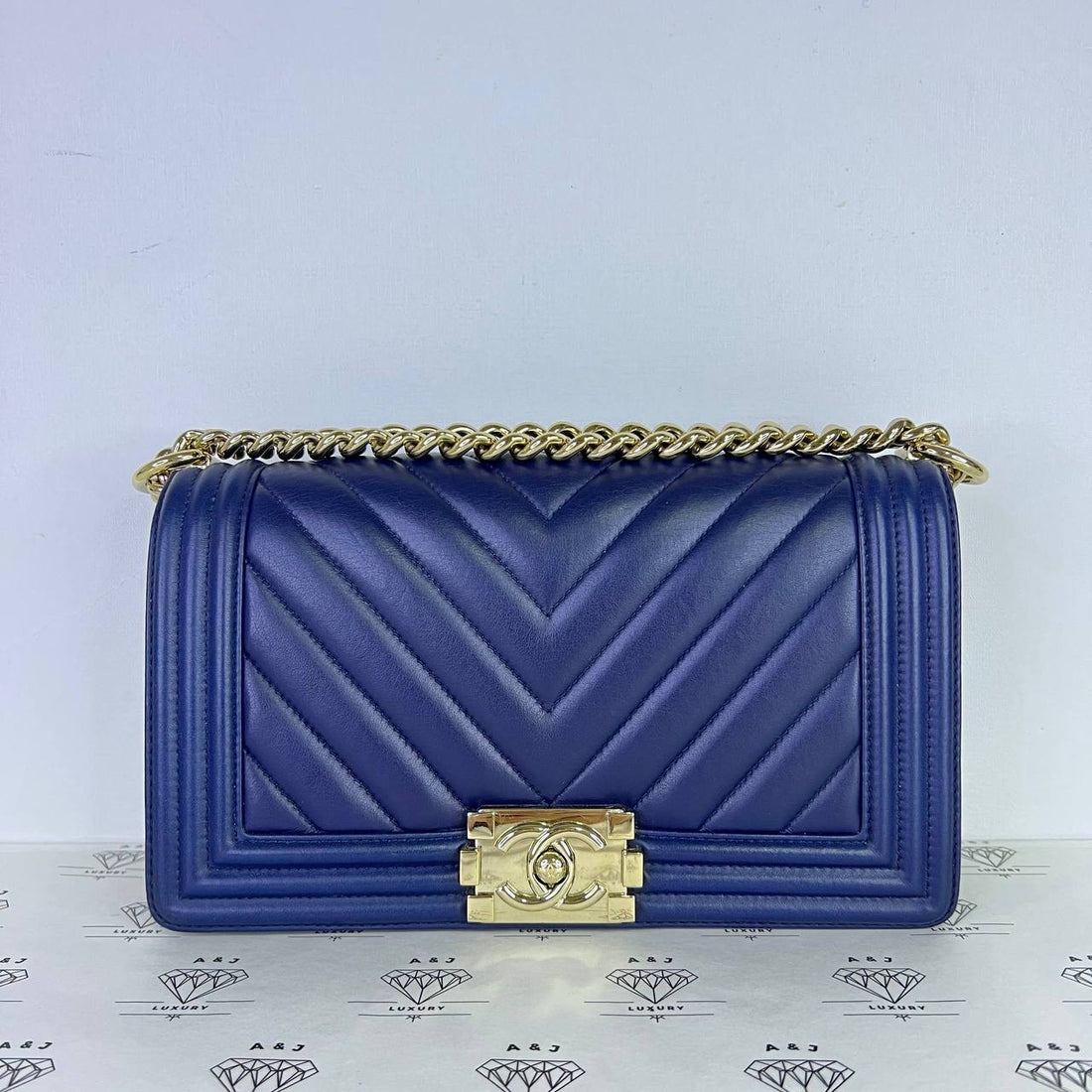 [PRE LOVED] Chanel Old Medium Leboy Chevron in Blue Lambskin Leather Light Gold HW (Series 29)