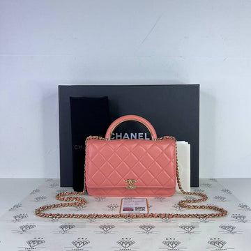 [PRE LOVED] Chanel Wallet on Chain Top Handle in Pink Lambskin Leather Light Gold HW (microchipped)