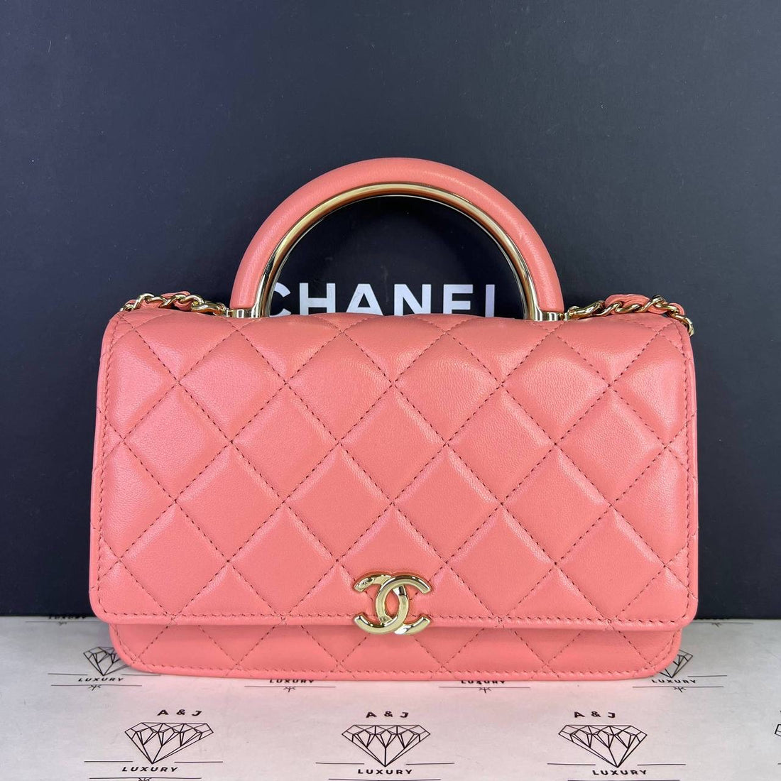 [PRE LOVED] Chanel Wallet on Chain Top Handle in Pink Lambskin Leather Light Gold HW (microchipped)