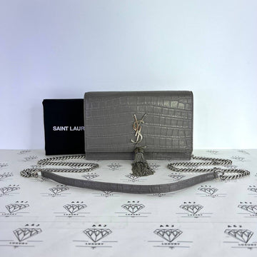 [PRE LOVED] YSL Kate Wallet on Chain in Gray Croc Embossed Leather SHW