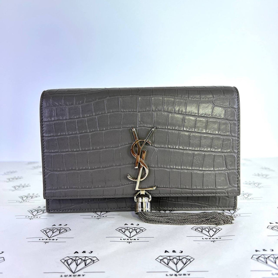 [PRE LOVED] YSL Kate Wallet on Chain in Gray Croc Embossed Leather SHW