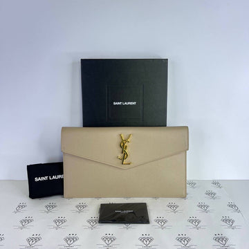 [PRE LOVED] YSL Uptown Clutch in Beige Grain De Poudre Leather GHW