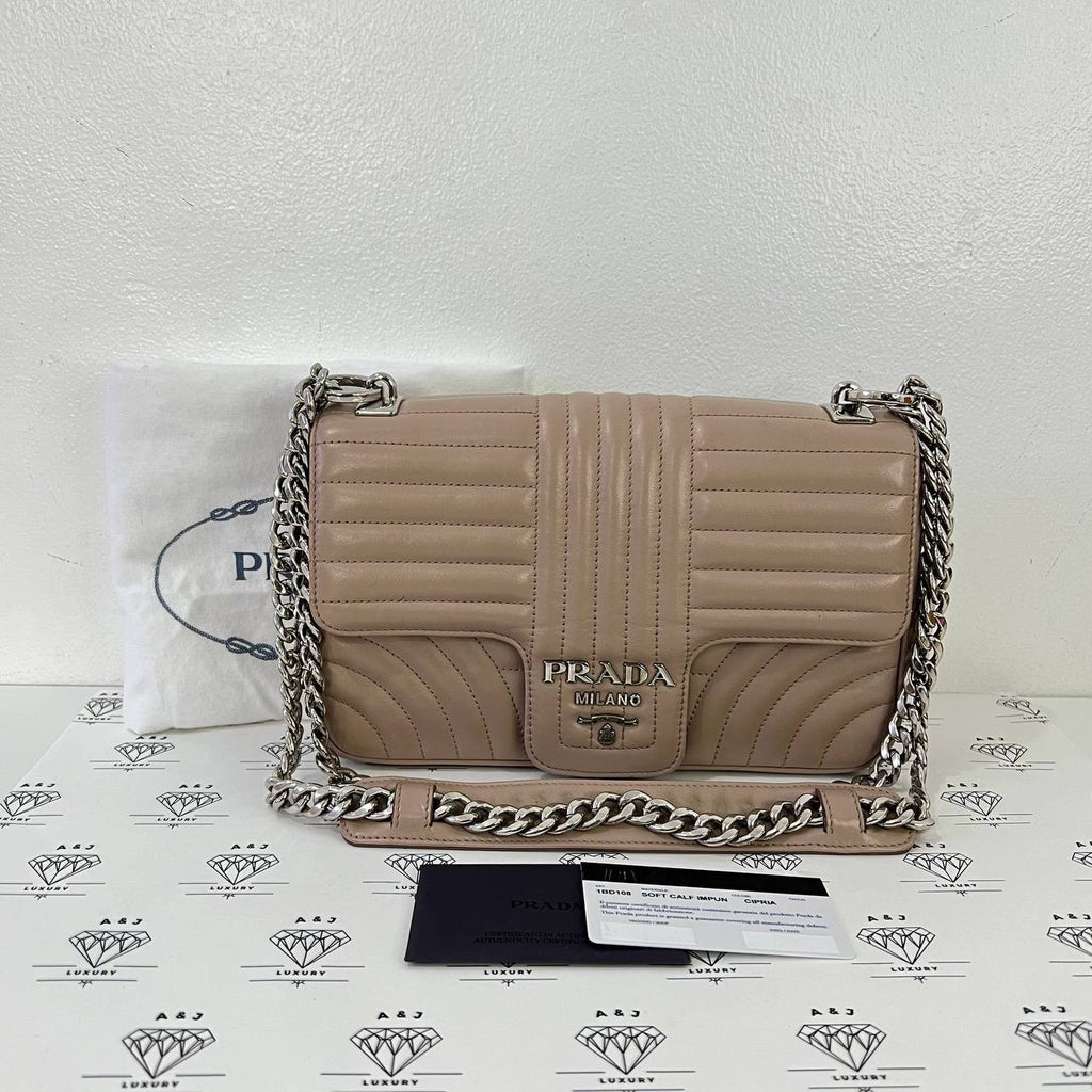 [PRE LOVED] Prada 1BD108 Flap Shoulder Bag in Cipria Soft Calf Impuntu SHW