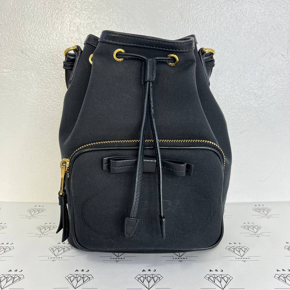 [PRE LOVED] Prada 1BH038 Logo Jacquard Bucket Bag in Nero GHW