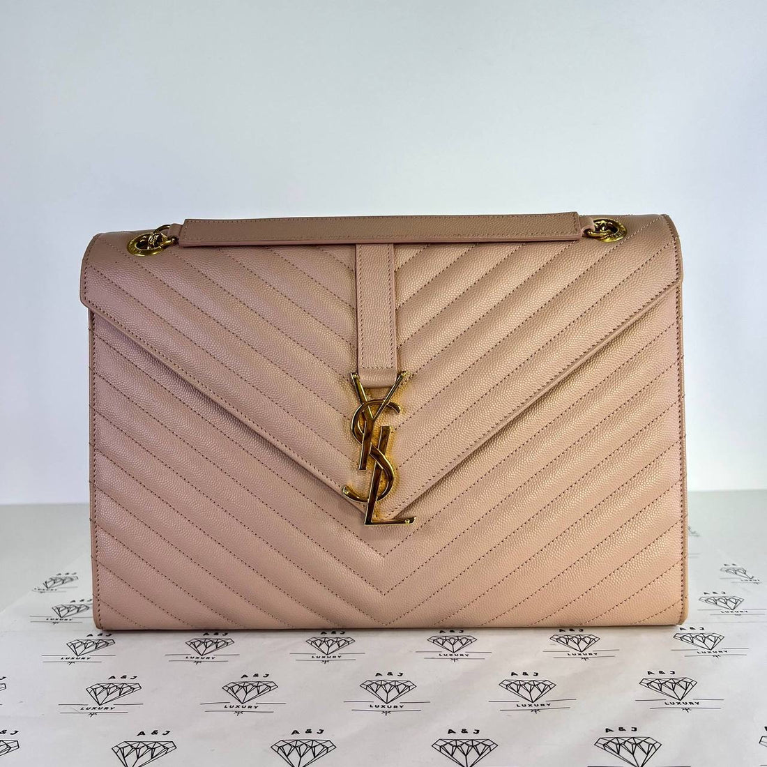 [PRE LOVED] YSL Large Envelope Chevron in Pink Grain De Poudre GHW
