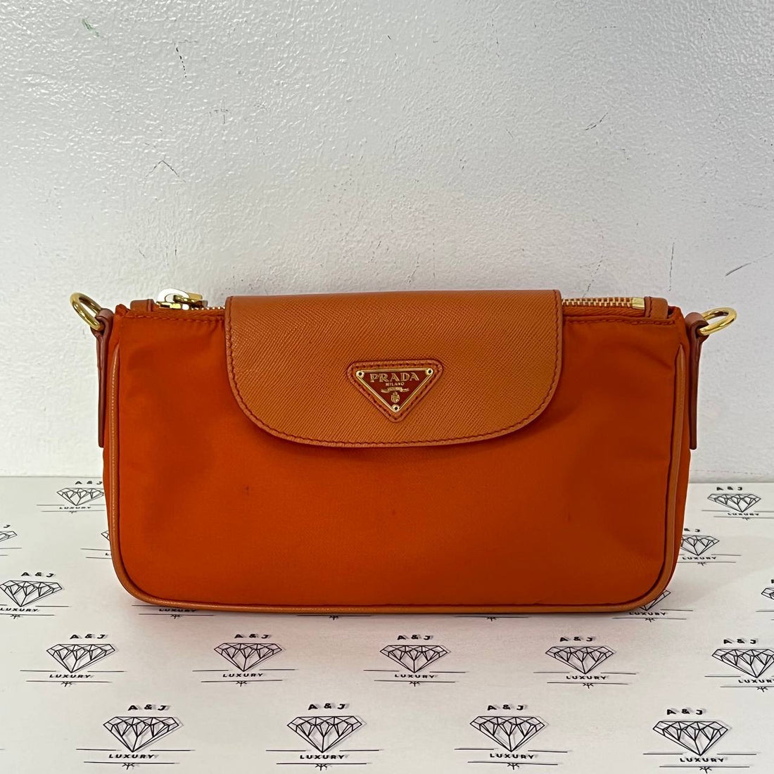 [PRE LOVED] Prada BT0779 Sling Bag in Papaya Tessuto and Saffiano Leather GHW