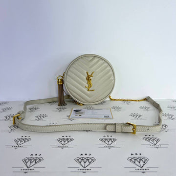 [PRE LOVED] YSL Round Camera Bag in Ivory Chevron Quilted Leather GHW
