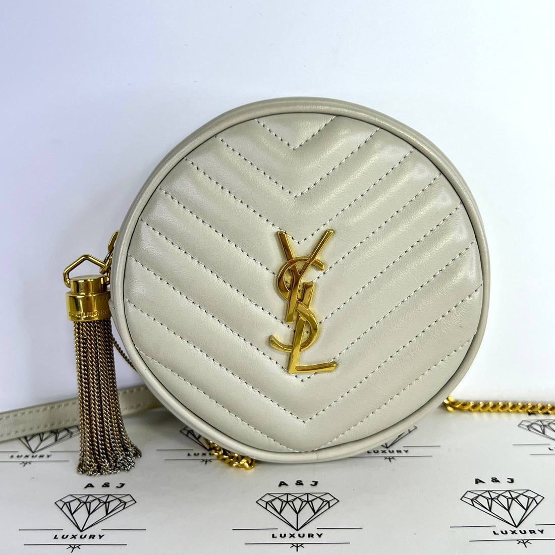 [PRE LOVED] YSL Round Camera Bag in Ivory Chevron Quilted Leather GHW