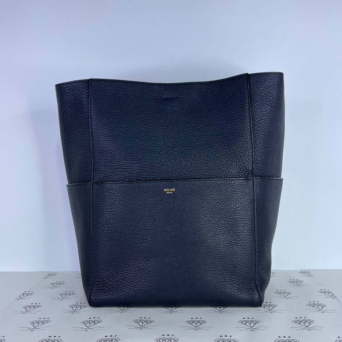 [PRE LOVED] Celine Sangle Bucket Bag in Navy Blue Grained Leather GHW