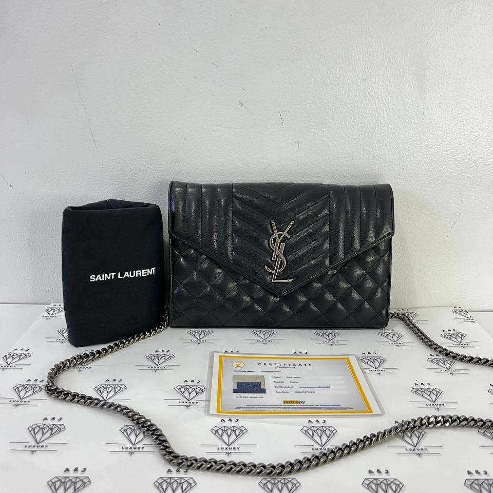 [PRE LOVED] YSL Medium Tri Quilted Envelope Wallet on Chain in Black Lambskin Leather SHW