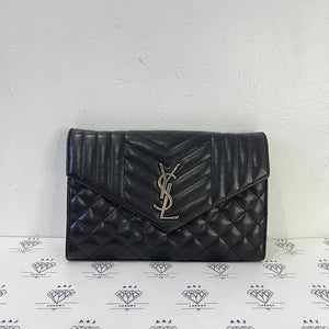 [PRE LOVED] YSL Medium Tri Quilted Envelope Wallet on Chain in Black Lambskin Leather SHW