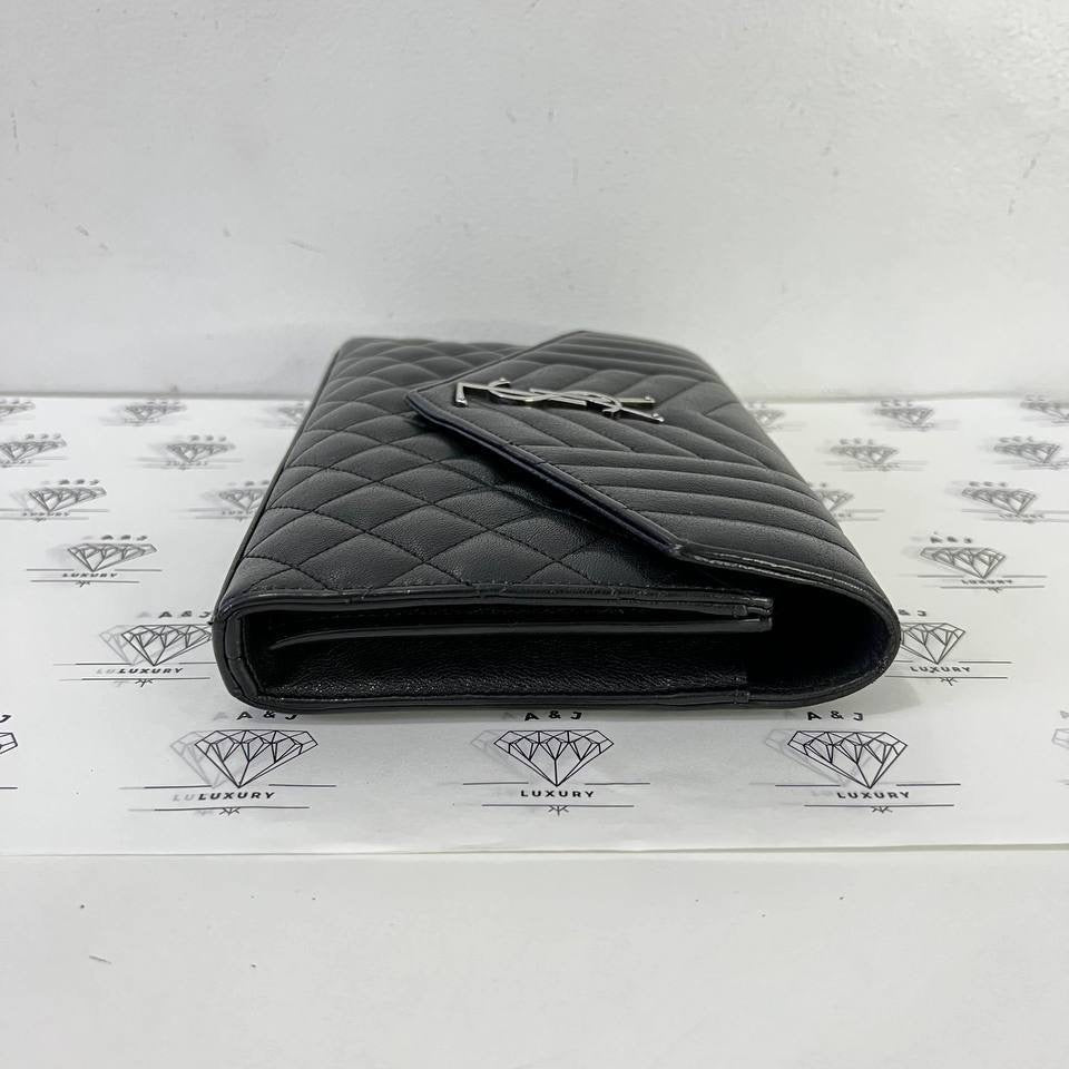 [PRE LOVED] YSL Medium Tri Quilted Envelope Wallet on Chain in Black Lambskin Leather SHW