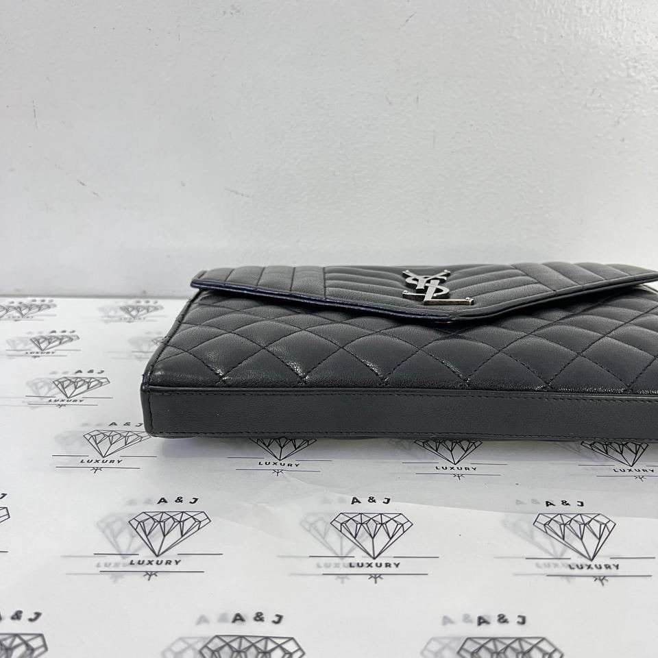 [PRE LOVED] YSL Medium Tri Quilted Envelope Wallet on Chain in Black Lambskin Leather SHW