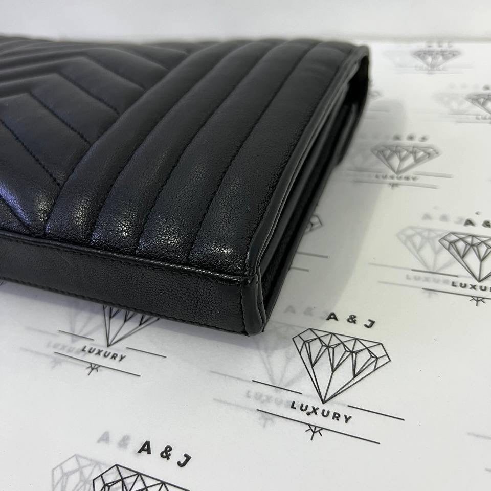 [PRE LOVED] YSL Medium Tri Quilted Envelope Wallet on Chain in Black Lambskin Leather SHW