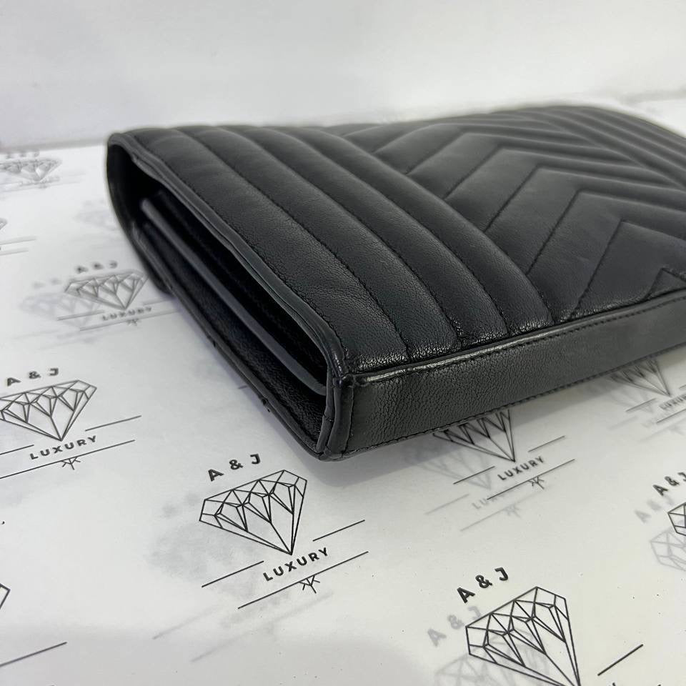 [PRE LOVED] YSL Medium Tri Quilted Envelope Wallet on Chain in Black Lambskin Leather SHW