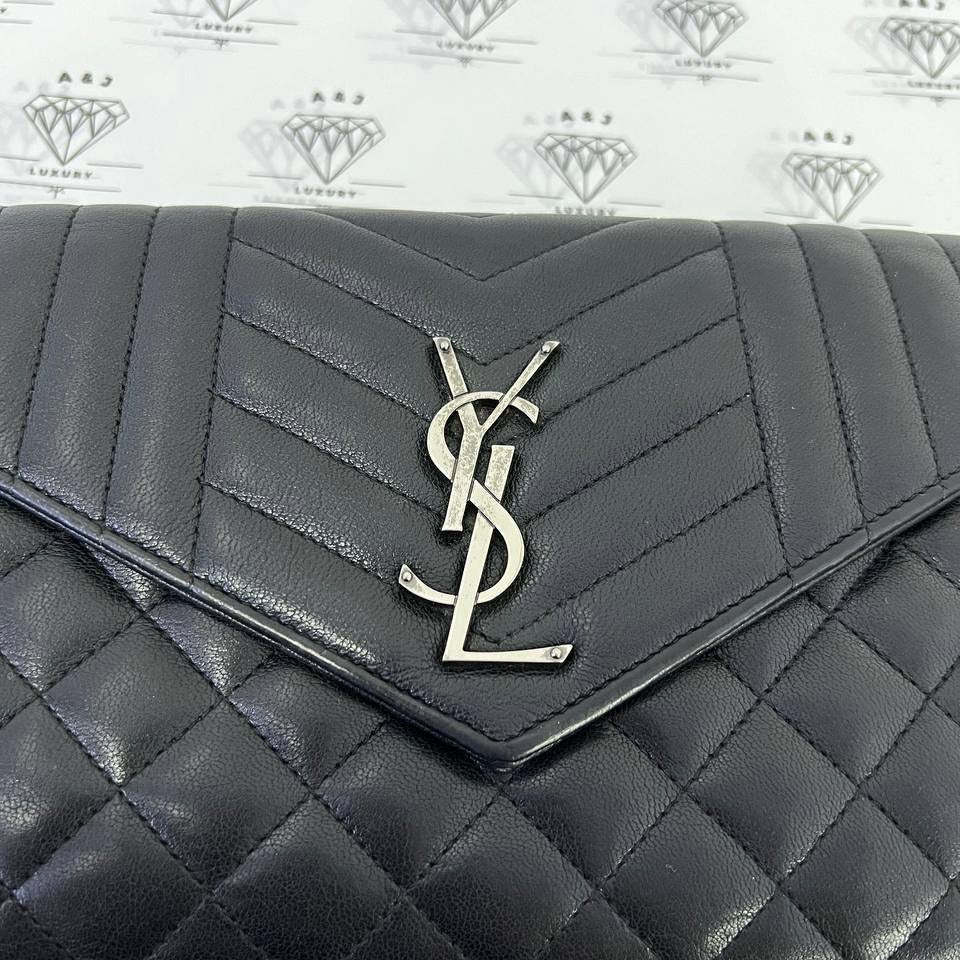 [PRE LOVED] YSL Medium Tri Quilted Envelope Wallet on Chain in Black Lambskin Leather SHW