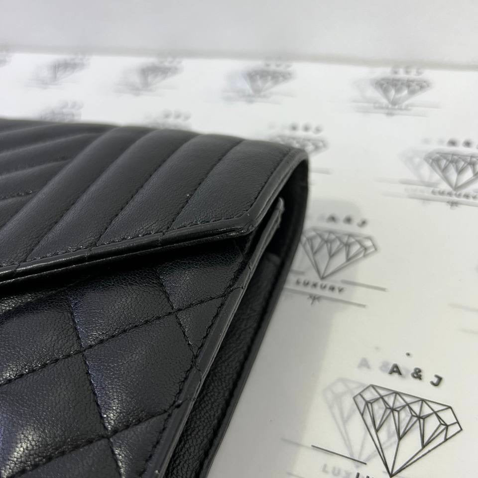 [PRE LOVED] YSL Medium Tri Quilted Envelope Wallet on Chain in Black Lambskin Leather SHW