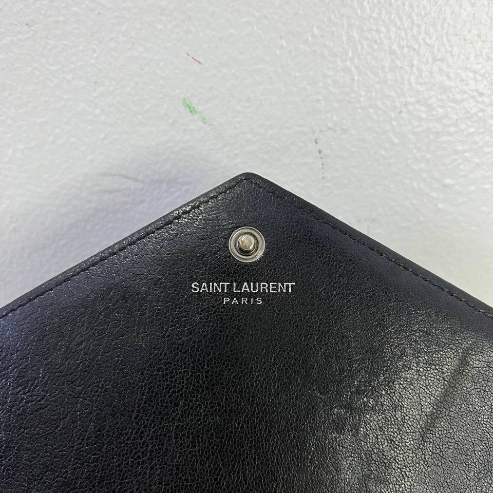 [PRE LOVED] YSL Medium Tri Quilted Envelope Wallet on Chain in Black Lambskin Leather SHW