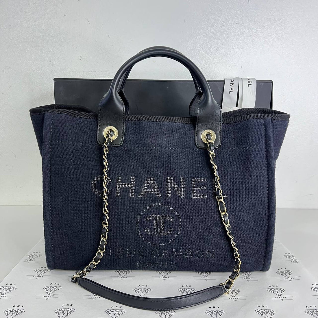 [PRE LOVED] Chanel Small Deauville in Dark Blue Light Gold HW (microchipped)