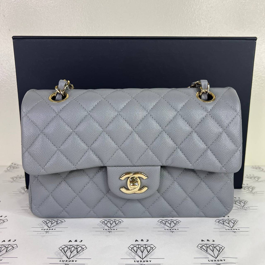 [PRE LOVED] Chanel Small Classic Double Flap in Light Gray Caviar Leather GHW (Series 29)