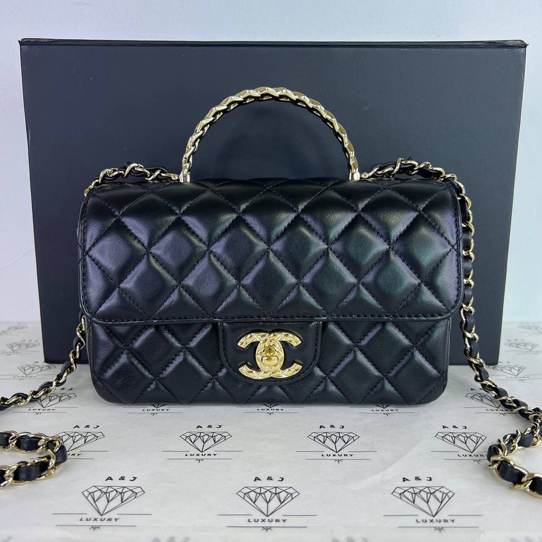 [PRE LOVED] Chanel 24C Collection Crystal Top Handle in Black Lambskin Leather Light Gold HW (microchipped)