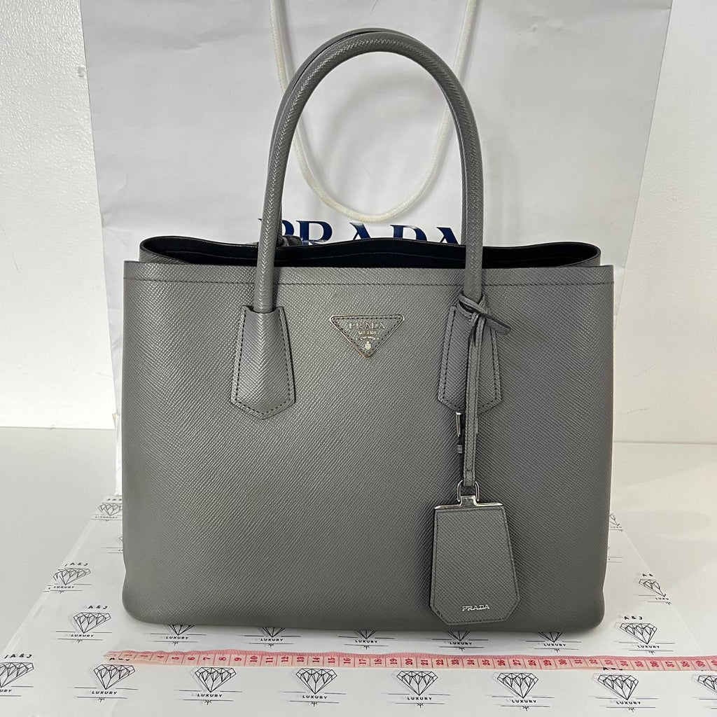 [PRE LOVED] Prada Double Cuir Handbag in Gray Saffiano Leather SHW