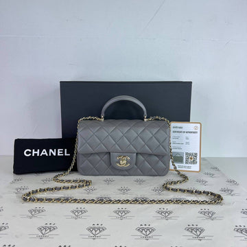 [PRE LOVED] Chanel Mini Rectangle Flap Top Handle in Gray Lambskin Leather Light Gold HW (microchipped)