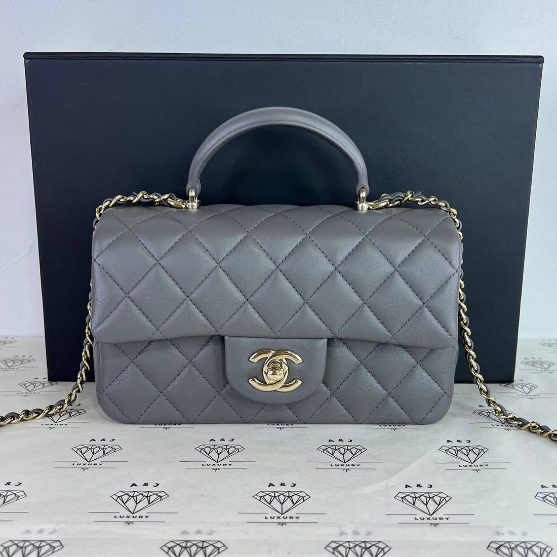 [PRE LOVED] Chanel Mini Rectangle Flap Top Handle in Gray Lambskin Leather Light Gold HW (microchipped)