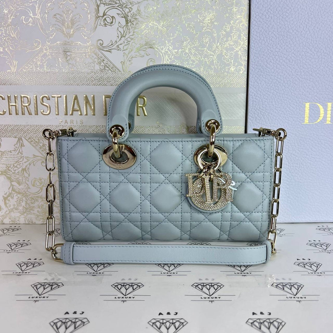 [PRE LOVED] Christian Dior Small D-Joy with Strass-Embellished Charms in Placid Blue Cannage Lambskin Leather GHW (2025)