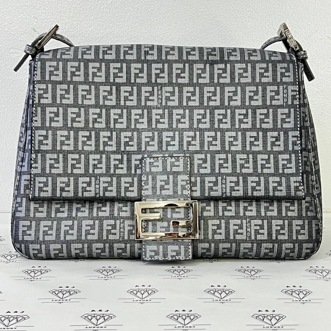 [PRE LOVED] Fendi Zucchino Baguette Shoulder Bag in Silver