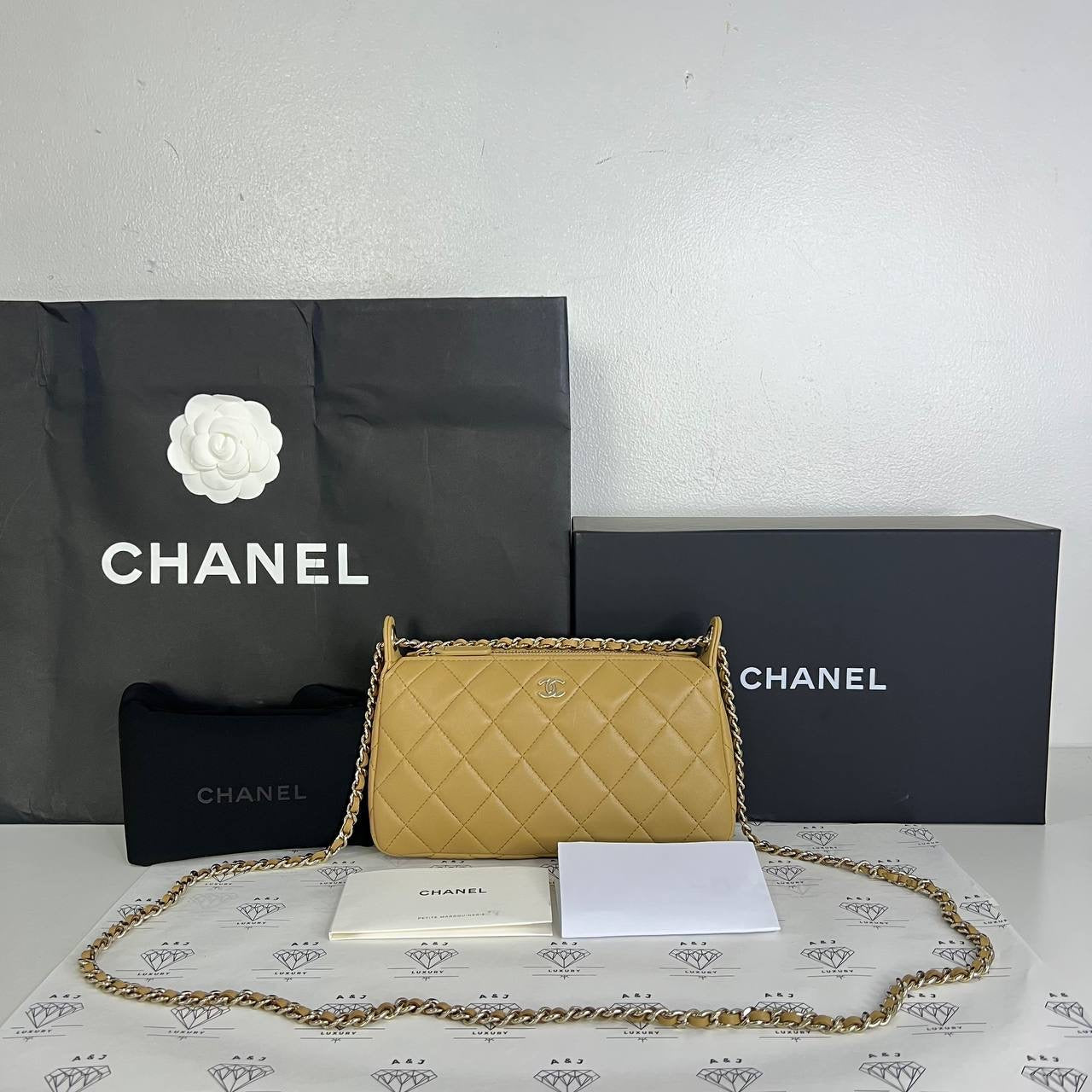 [BRAND NEW] Chanel 25B Collection Pouch with Sling in Dark Beige Lambskin Light Gold HW (microchipped)