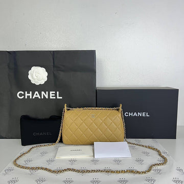 [BRAND NEW] Chanel 25B Collection Pouch with Sling in Dark Beige Lambskin Light Gold HW (microchipped)