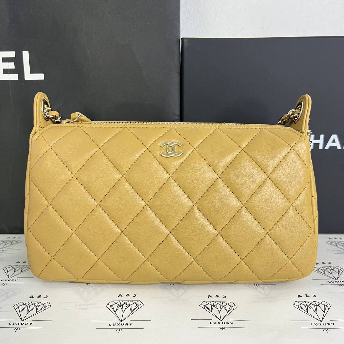 [BRAND NEW] Chanel 25B Collection Pouch with Sling in Dark Beige Lambskin Light Gold HW (microchipped)