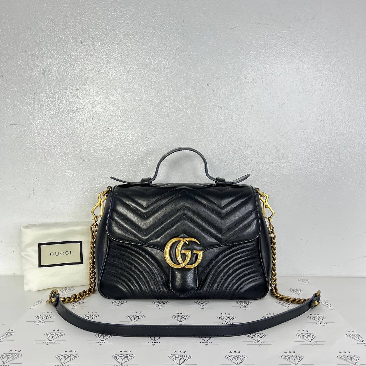 [PRE LOVED] Gucci Medium Marmont Top Handle Bag in Black Matelasse Leather GHW
