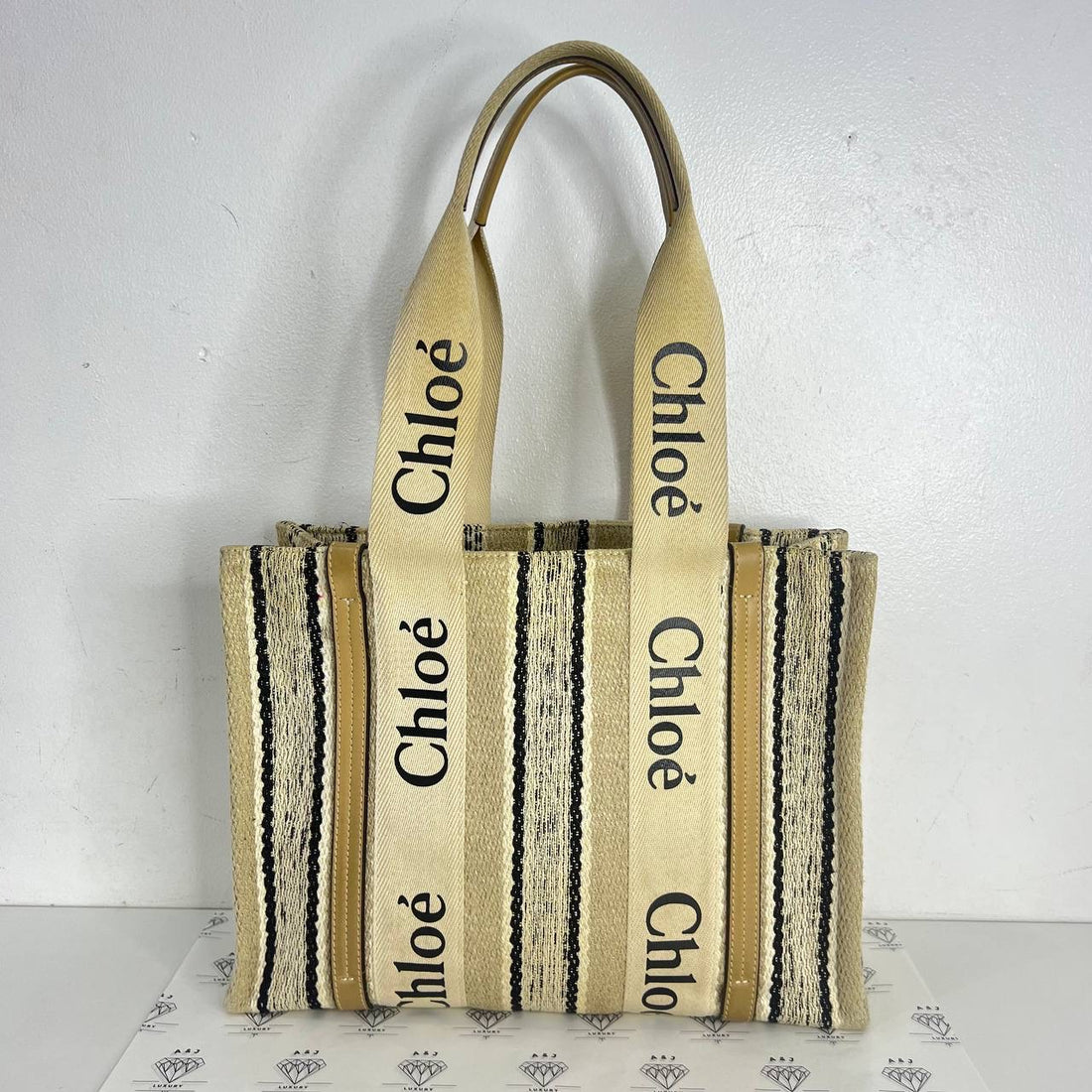 [PRE LOVED] Chloe Medium Woody Tote Bag in Striped Linen