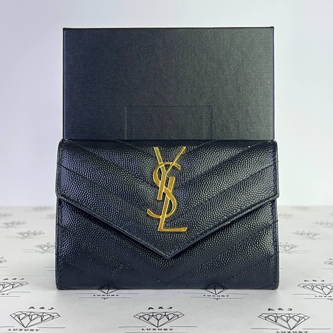 [PRE LOVED] YSL Monogram Flap Cardholder in Black Grain De Poudre GHW