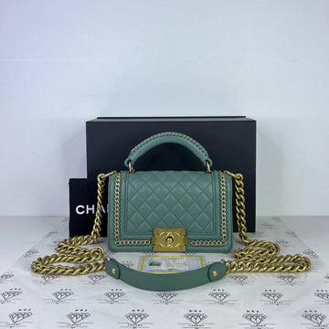 [PRE LOVED] Chanel Small Leboy Top Handle Chain Around in Green Lambskin Leather Aged Gold HW (Series 26)
