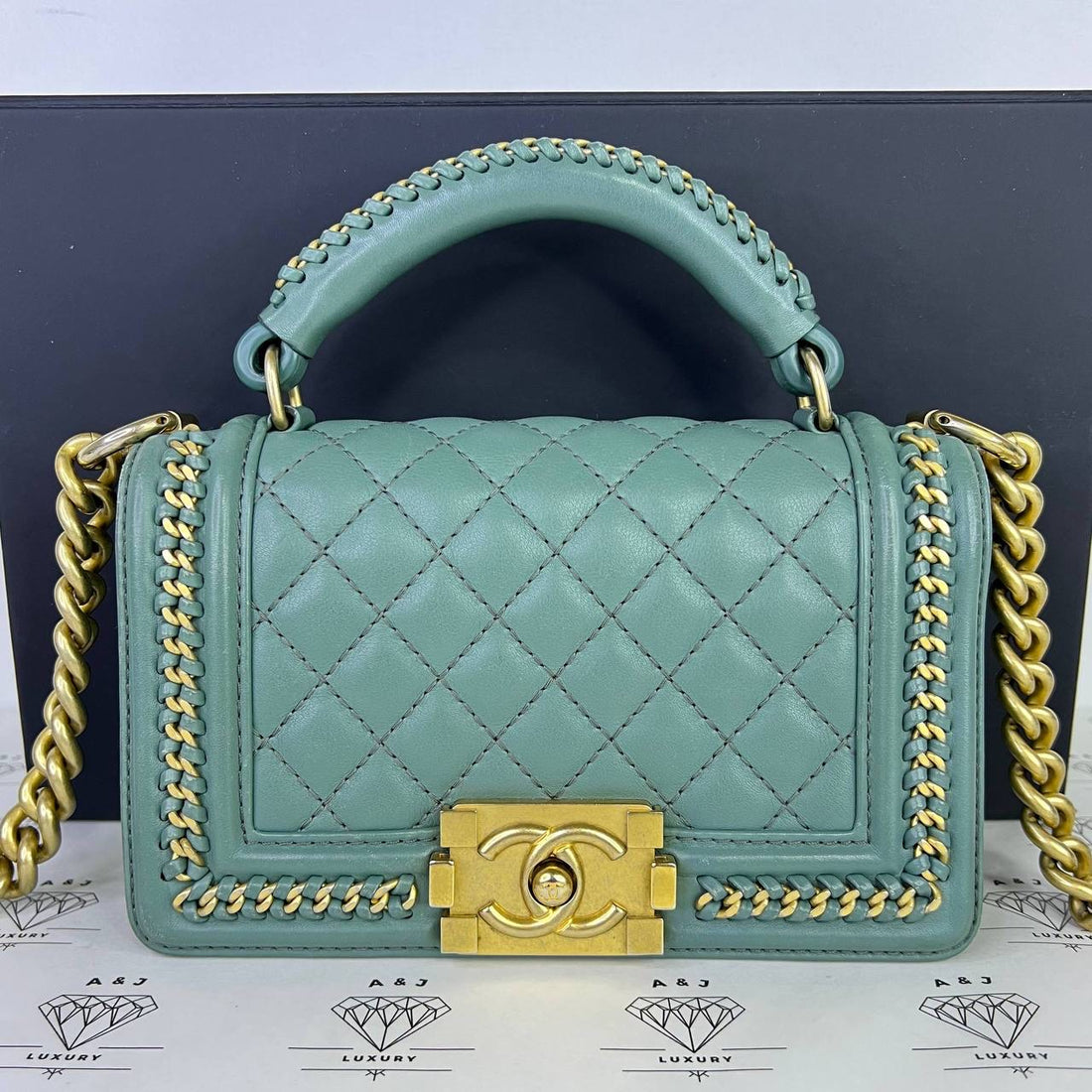 [PRE LOVED] Chanel Small Leboy Top Handle Chain Around in Green Lambskin Leather Aged Gold HW (Series 26)