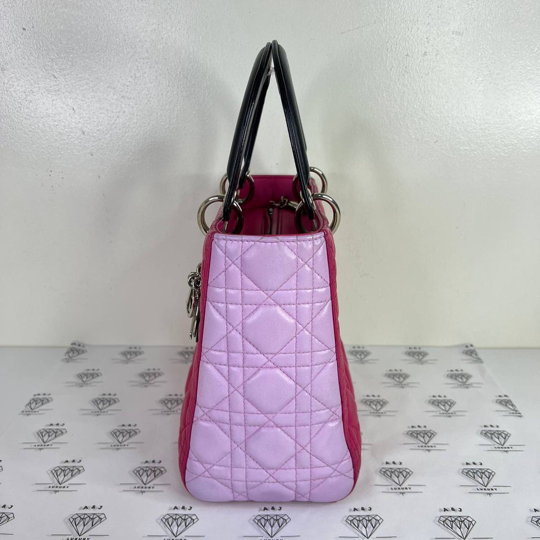 [PRE LOVED] Christian Dior Medium Tricolor Lady D in Light Pink/Pink/Black Cannage Lambskin SHW (2014)