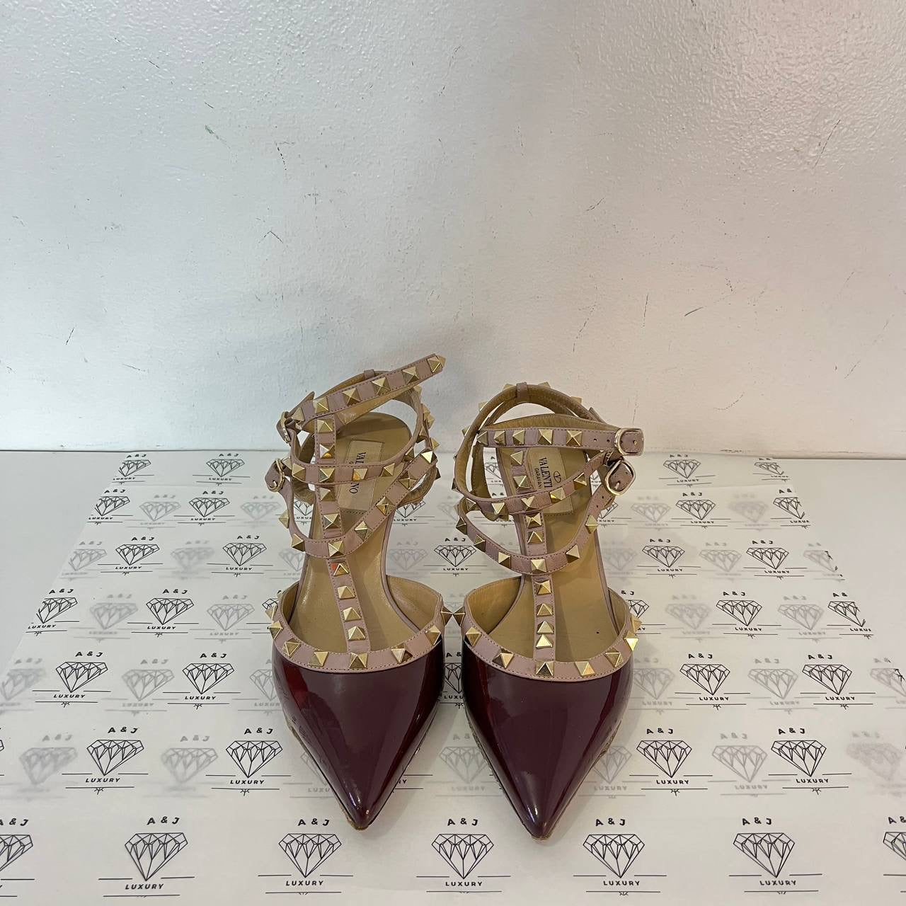 [PRE LOVED] Valentino Rockstud Caged Heels in Burgundy Size 38EU