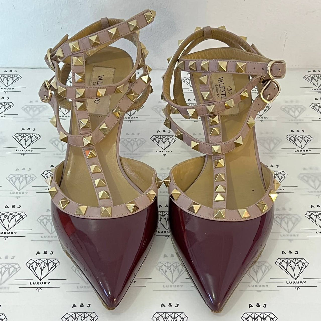 [PRE LOVED] Valentino Rockstud Caged Heels in Burgundy Size 38EU